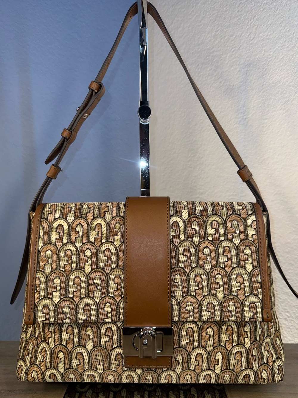 Furla Charlie Signature Monogram Jacquard Canvas Shoulder Bag Brown NWT